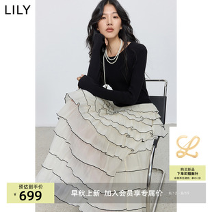 LILY2025秋新款含莱赛尔醋酸法式修身连衣裙气质通勤纱裙蛋糕裙女