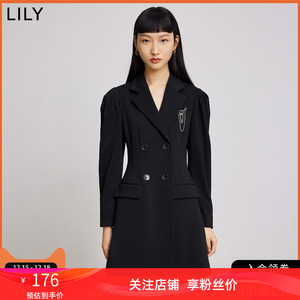 LILY2022春新款女装复古泡泡袖气质双排扣收腰显瘦黑色西装连衣裙