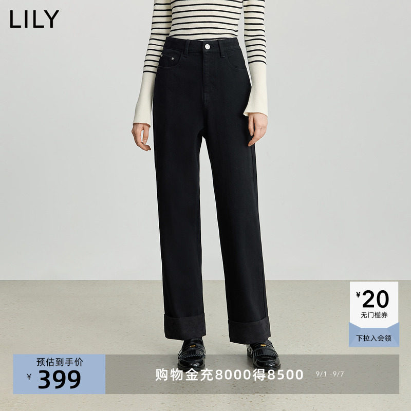 LILY2025冬新款复古简约经典弹力休闲通勤百搭黑色直筒裤女牛仔裤