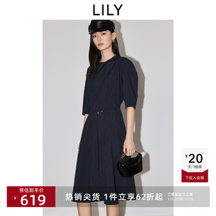LILY2025春新款设计感解构泡泡袖易打理收腰通勤连衣裙小黑裙女