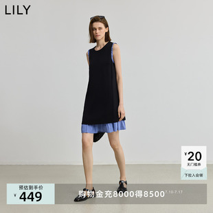 LILY2025夏秋新款女装法式气质通勤黑色A字背心裙拼接无袖连衣裙