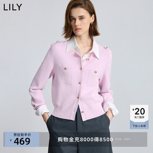 LILY2025冬新款女装气质小香风圆领通勤针织开衫外套小个子短款