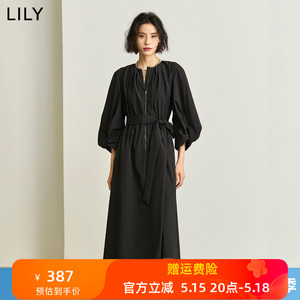 LILY2024春新款女装宽松圆领黑色气质连衣裙长款灯笼袖长裙小黑裙