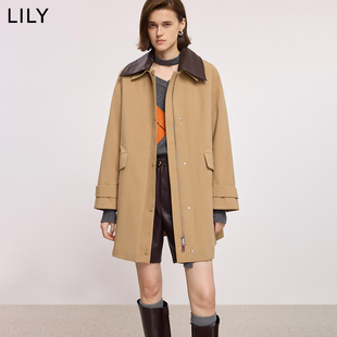 LILY2025冬新款复古老钱风撞色翻领90鸭绒宽松羽绒服外套女中长款