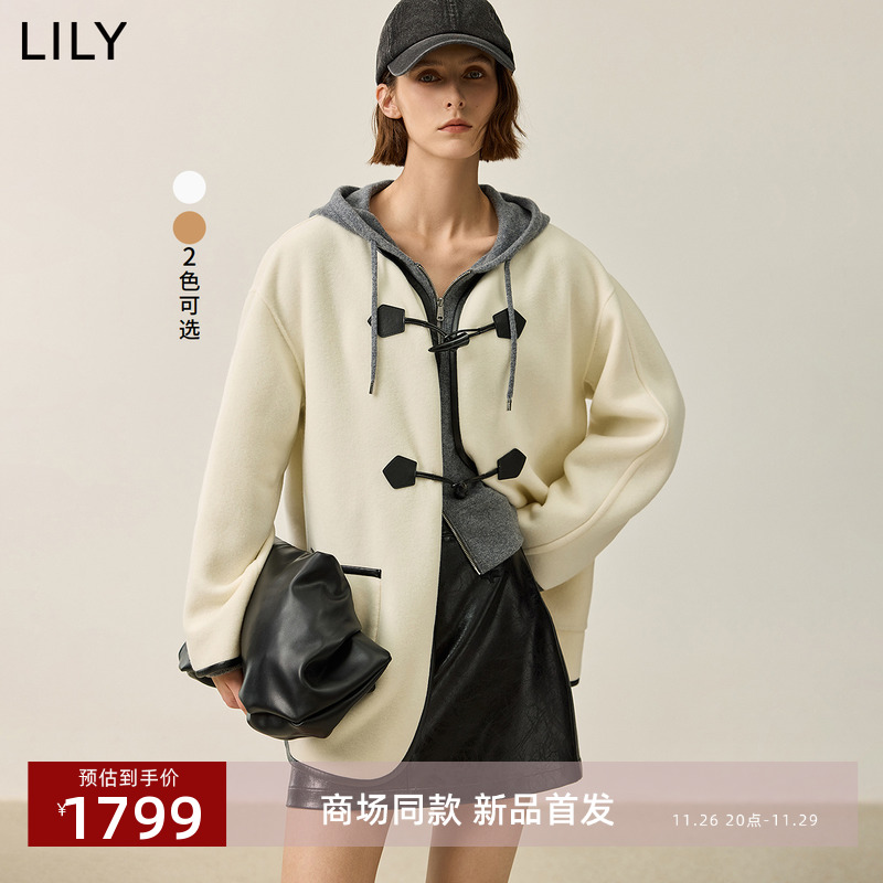 【商场同款】LILY2024冬新款女装100%绵羊毛无领牛角扣双面呢外套