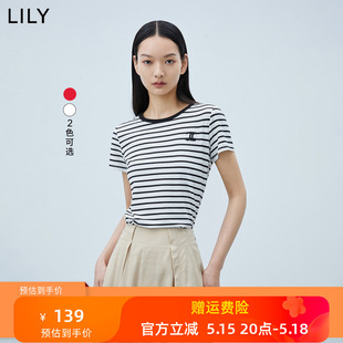 女装 LILY2023夏新款 别致绣花复古简约条纹短袖 商场同款 T恤女