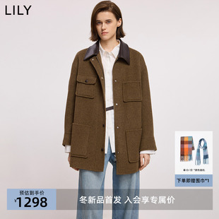 LILY2025冬新款女装羊毛羊绒混纺巴恩风撞色双面呢毛呢外套小个子