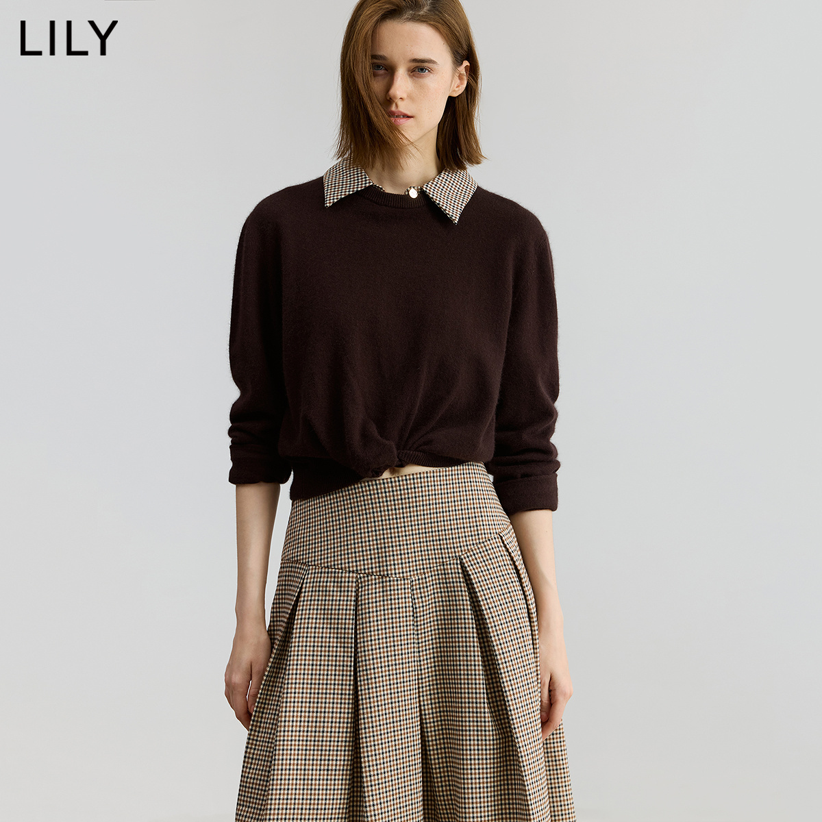 【商场同款】LILY2025秋新款含兔毛羊毛翻领收腰针织衫毛衣女短款