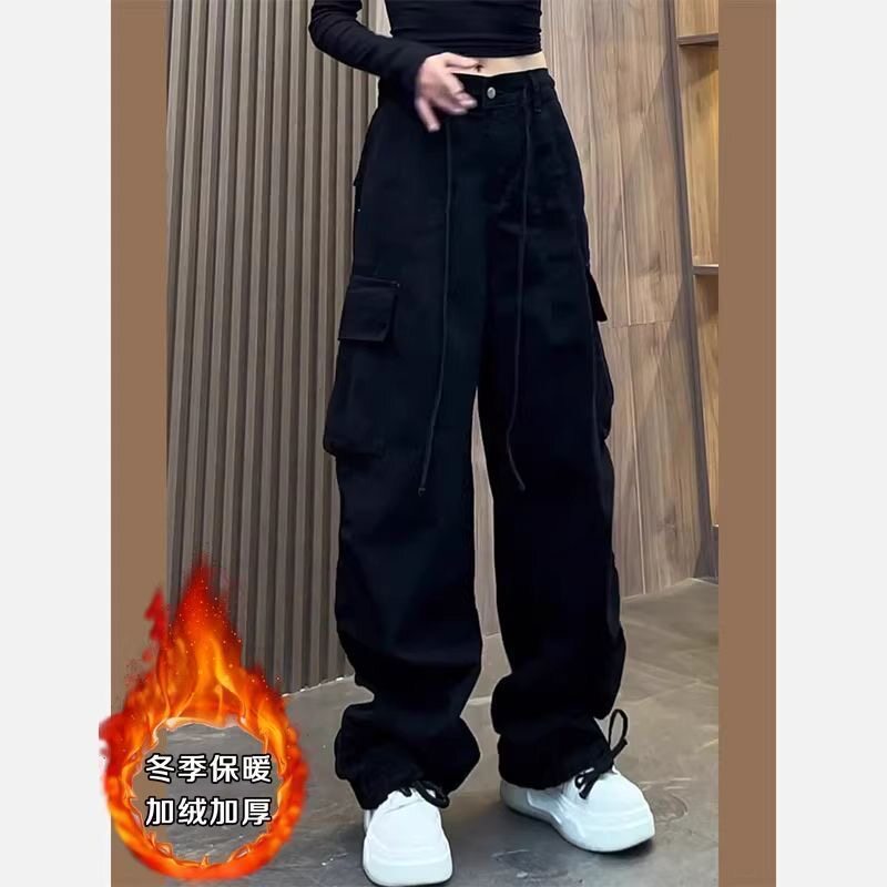 黑色休闲工装裤女2025年秋冬多口袋设计阔腿廓形加绒裤子流行穿搭