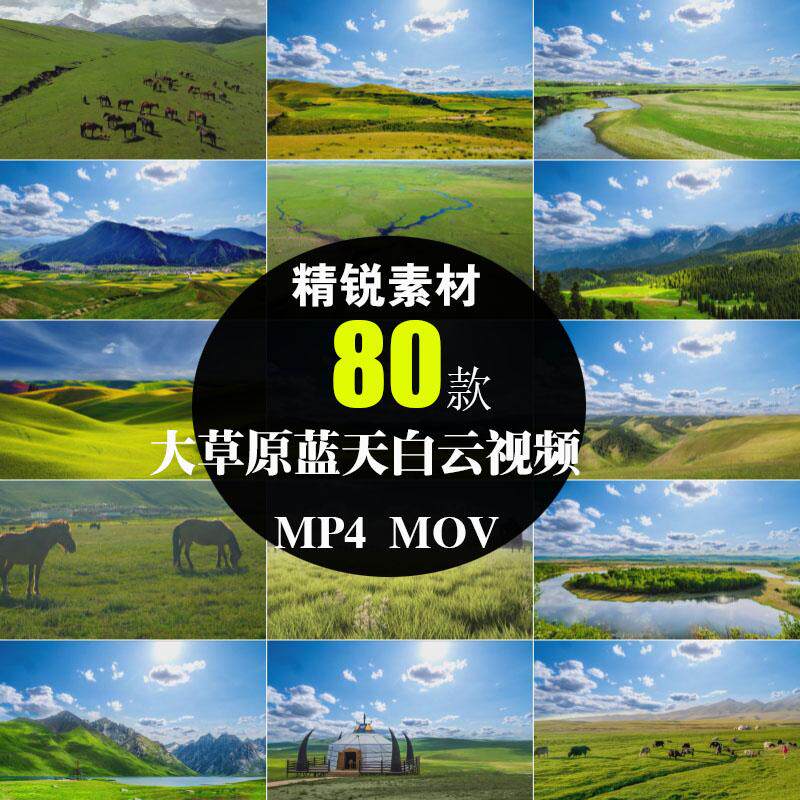 大草原蓝天白云天空牛马羊群牧场自然风景绿草地LED背景视频素材