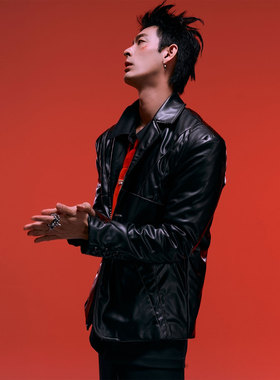 EDI.Z秋冬季原创设计黑色时尚翻领加棉垫肩西装皮衣外套男夹克