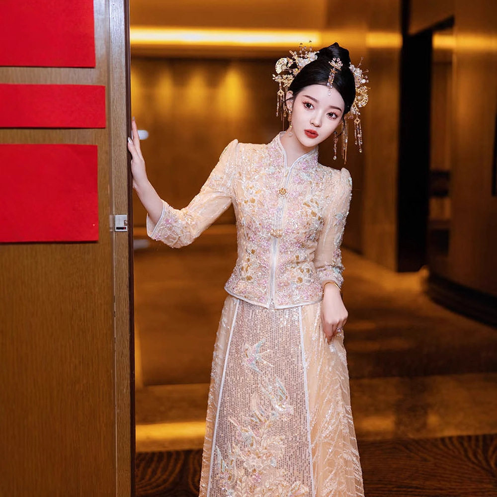 香槟色秀禾服婚服2026年新款中式婚纱金色大码新娘胖MM敬酒服夏季图片