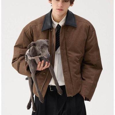 男士冬季高级感重磅防风保暖棉布拼接皮领棉服男潮棉衣男款宽松