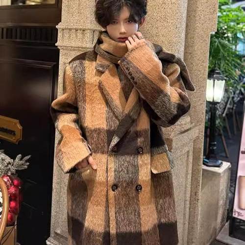 nzzg高品质格纹垫肩毛呢大衣加厚长款轻熟雅痞风男装自带围巾