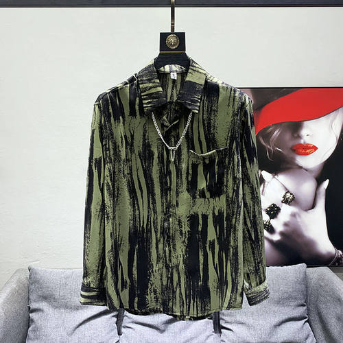 nzzg韩版高级感春夏个性水墨复古条纹衬衫男修身薄款扎染长袖冰丝