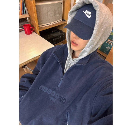 2025年秋冬新款羊羔绒卫衣刺绣高领打底衫个性潮流宽松套头衣服男