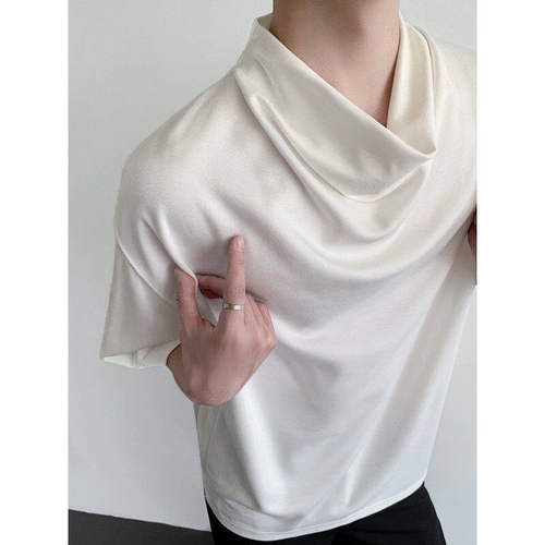 25设计感宽松堆堆领白色中袖痞帅短袖T恤美式短袖上衣韩版夏季新