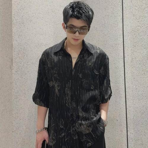 nzzg2024夏季新款轻薄透气定制褶皱印花痞帅宽松潮流衬衫短袖