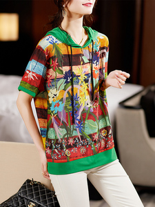 RY1569#夏季大码宽松显瘦连帽拼接印花T恤短袖上衣女