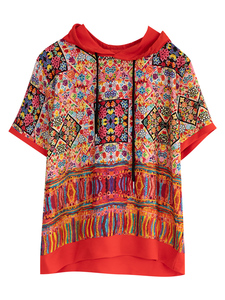 RY1569#夏季大码宽松显瘦连帽拼接印花T恤短袖上衣女