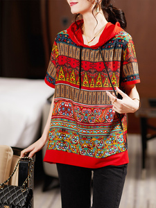 RY1569#夏季大码宽松显瘦连帽拼接印花T恤短袖上衣女