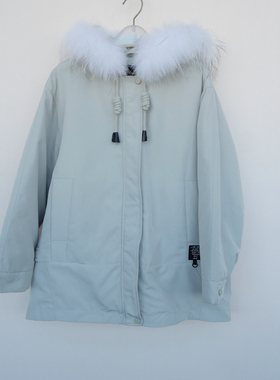 拉系SM专柜撤柜正品 女冬宽松舒柔真毛领连帽棉衣棉服4A2181灰绿