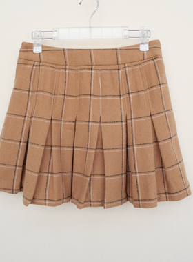 拉系列S/M/L正品清仓女冬格子毛呢厚保暖高腰百褶短裙4A2730驼色