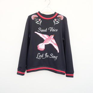 拉系S专柜断码 女春秋通勤纯棉大刺绣厚柔宽松圆领卫衣5A1335黑色