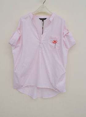 拉系列/S正品超值 女夏薄纯棉绣花宽松套头短袖衬衫4A1228粉红