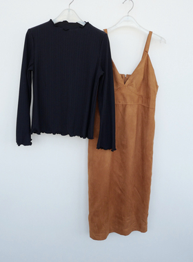 拉系列S/M/L专柜正品 春秋舒柔桃皮绒中长两件套连衣裙4A3187卡其