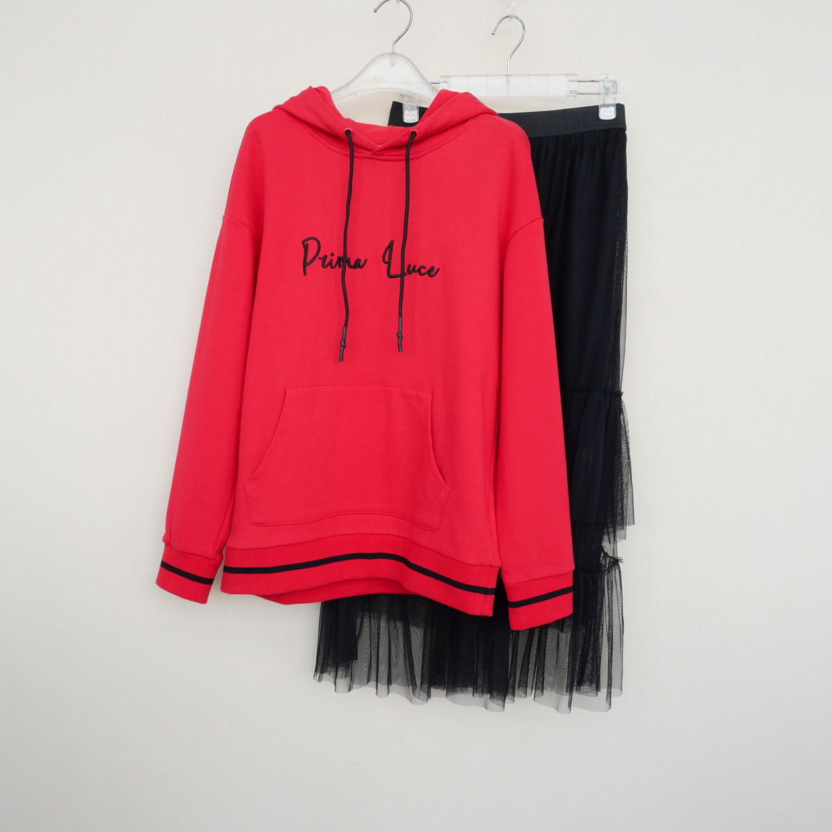 拉系列SML正品清仓 女春秋纯棉卫衣八分网纱半裙两件套5A7871大红,女装/女士精品,时尚套装,淘宝优惠券,粉丝福利购,淘宝优惠卷