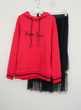 拉系列SML正品清仓 女春秋纯棉卫衣八分网纱半裙两件套5A7871大红