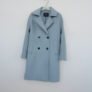 拉系SL正品 女冬舒柔到膝厚暖羊毛混纺毛呢外套大衣6A7696灰绿 断码