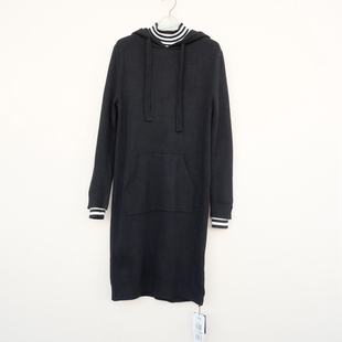 拉系SM专柜正品 舒柔毛线连衣裙4A3968黑色 女冬中长及膝连帽长袖