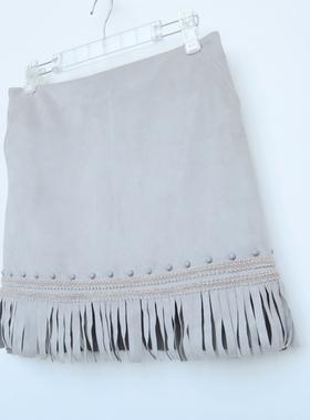 拉系列S/M/L正品清仓女春夏灰色弹力修身桃皮绒A字流苏短裙8B5486