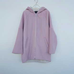 拉系SM专柜正品 女冬厚暖宽松蝙蝠型连帽毛呢外套短大衣5A2038灰粉