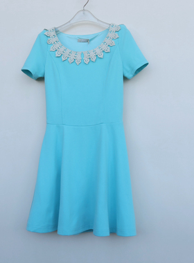 艾格淘特/S/M专柜正品断码 女春夏粉蓝色花边针织连衣裙4E2151