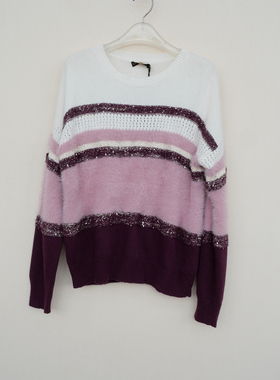 拉系SML撤柜正品 女冬舒柔含兔毛毛绒亮片宽松圆领毛衣5A9246条纹