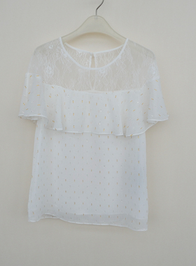 拉系列S/M/L正品超值 女夏季蕾丝雪纺金丝植花短袖衬衫4A1223白色