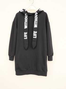 拉系列S专柜断码 女秋厚柔棉圈宽松休闲连帽长袖卫衣裙5A3006黑色