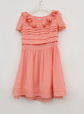 艾格淘特/S正品清仓 悠悠夏日女粉桔色雪纺短袖连衣裙4E2059