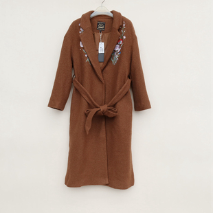 拉系列S撤柜正品 女冬雅静过膝厚长款粗呢纺外套大衣8B4370咖啡