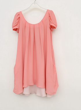 艾格淘特/S正品 女夏桔红A字花型飘逸雪纺短袖连衣裙4E2087