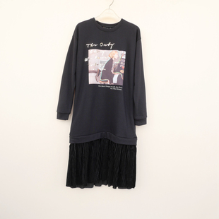 拉系列S专柜断码 卫衣裙6A7608黑色 女春秋冬优雅宽松盖膝圆领长袖