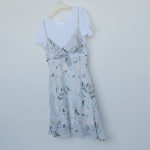 拉系列S/M正品断码 女夏浪漫印花全棉针织雪纺短袖连衣裙8B8847
