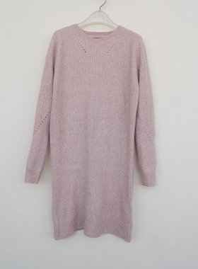 拉系列SM专柜正品 女冬厚柔中长过臀圆领长袖针织毛衣4A3866灰粉