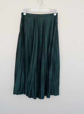 拉系SM专柜断码女秋冬舒滑仿麂皮绒中长七分百褶半身裙6A4301绿色