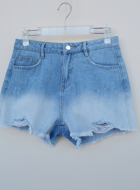 拉系列S专柜断码女夏薄纯棉舒柔破边牛仔短裤热裤5A9915浅牛仔蓝