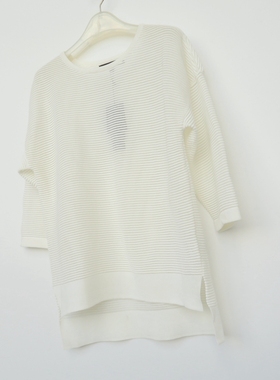 拉系列/M专柜正品 女秋季白色冰丝网纱条纹七分袖针织衫8B0599