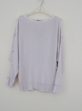 拉系列SML撤柜正品 女秋优雅钉珠宽松大圆领毛线针织衫5A8207灰粉